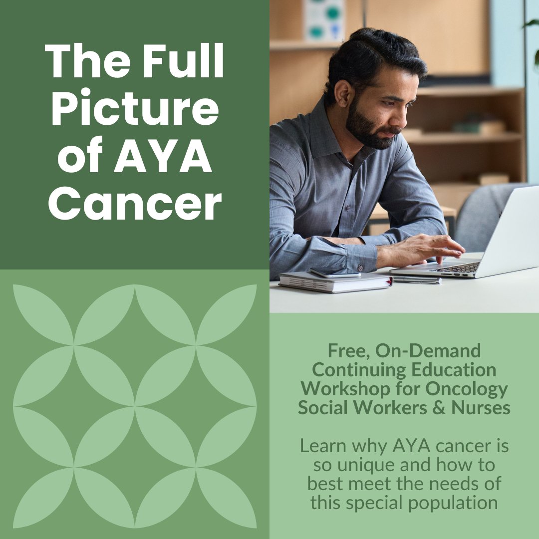Are you a social worker or nurse working with oncology patients? Join us for THE FULL PICTURE OF AYA CANCER, a free on-demand CE course designed to teach you how to best meet the needs of this unique population.

Learn more at bit.ly/FullAYA

#YACancer #AYACSM