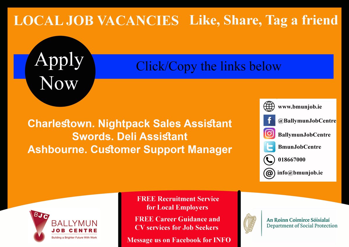 👉 Visit us at: Bmunjob.ie Vacancies #bmunjob #jobfairy #dublinjobS Charlestown. Nightpack Sales Assistant is.gd/fc14Jb Swords. Deli Assistant is.gd/qGkrjo Ashbourne. Customer Support Manager is.gd/RO21nY