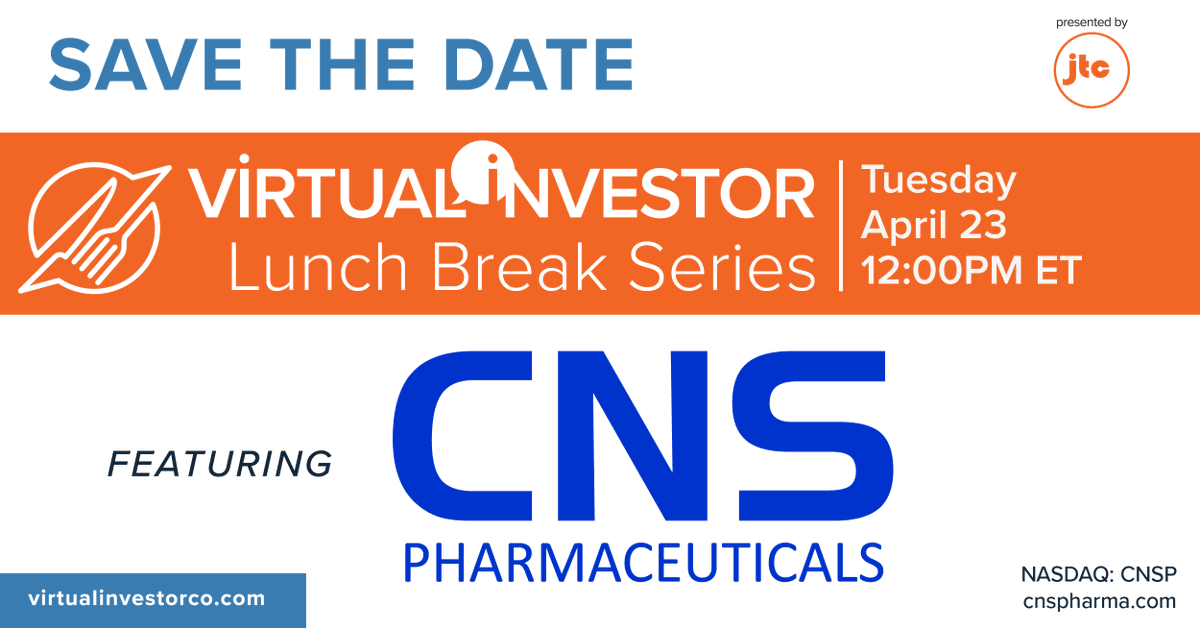 #MarkYourCalendars for our Virtual Investor Lunch Break: The CNSP Opportunity on 4/23 at 12 PM ET. Register here: bit.ly/44efENZ $CNSP @CNS_Pharma #GlioblastomaMultiforme #GBM #Oncology