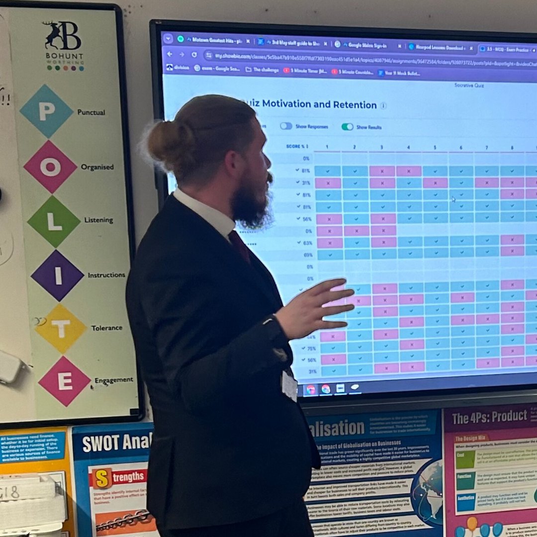 Mr. McPherson leading Y11 students through exam prep!  Using cutting-edge technology, he effortlessly pinpoints areas for improvement & ensures students are fully equipped to ace their exams. 📚 #ExamPrep #TechInEducation  #enjoyrespectachieve #bswbusiness