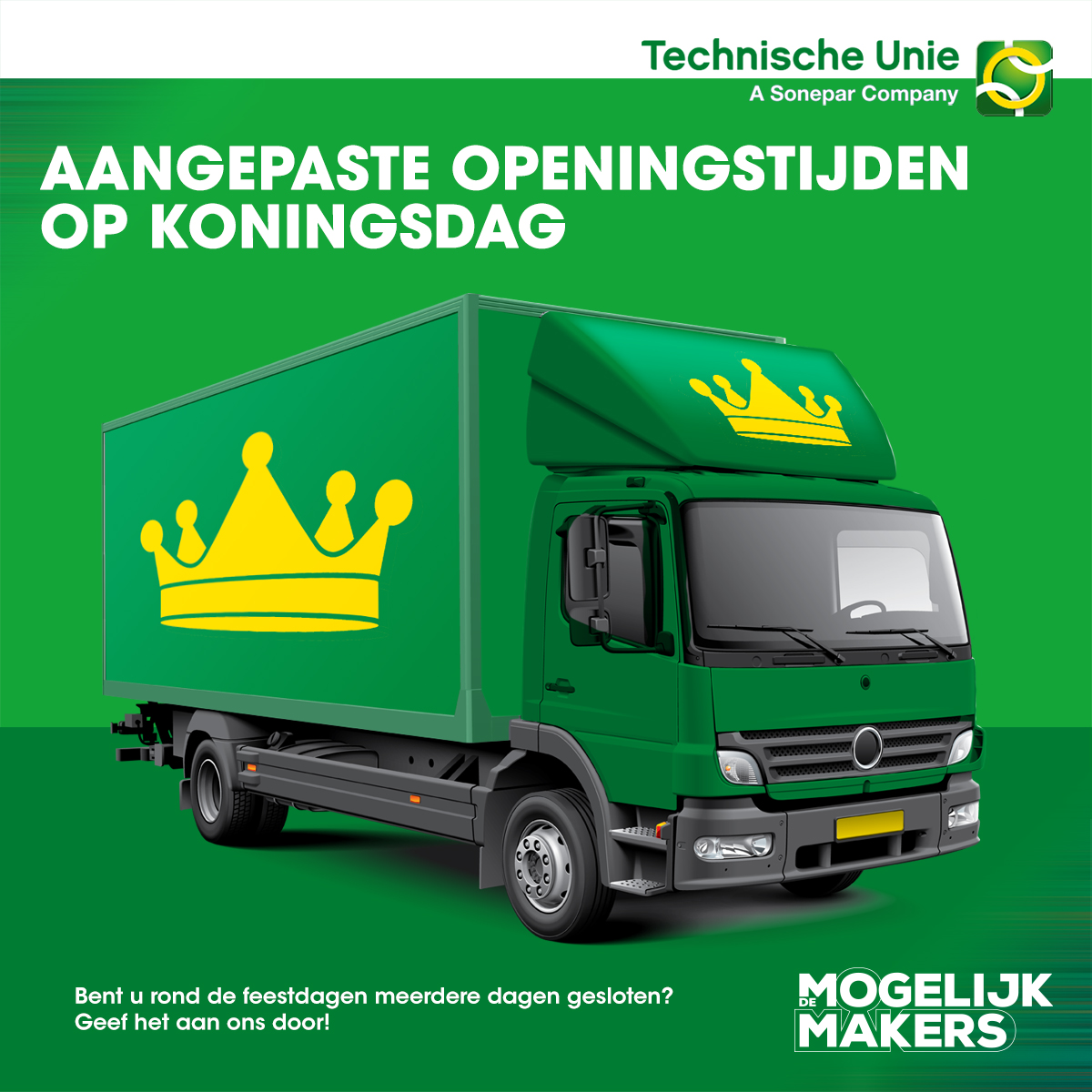 👑 Komende zaterdag, op Koningsdag, zijn onze servicecentra gesloten. Wij wensen je alvast een geweldige dag vol oranje plezier en gezelligheid! 🧡🎉