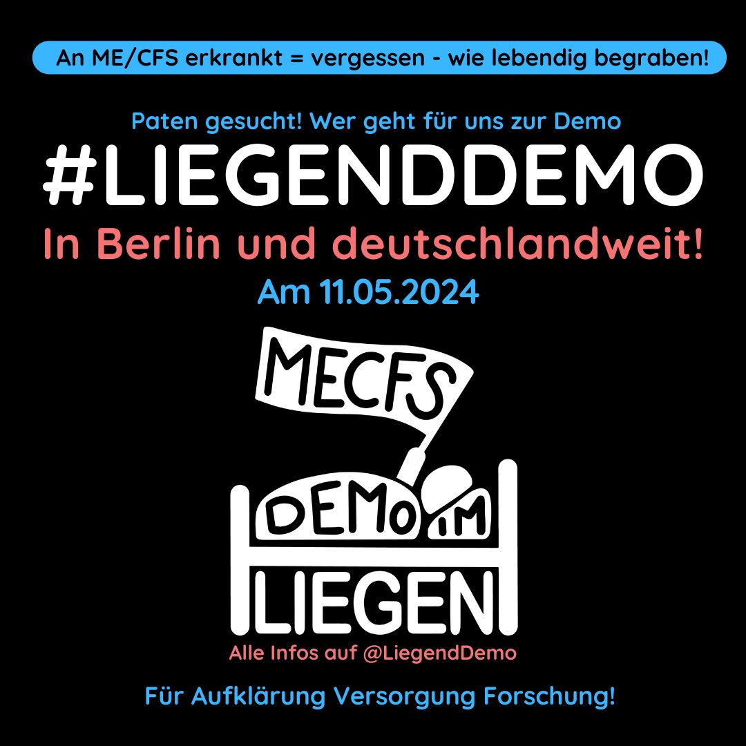 Am 11.05.24 organisieren wir zum 2.Mal in Berlin eine große, hybride #LiegendDemo! 💪🏽💙
Neu ist diesmal, dass die Demo zeitgleich in 12 Städten deutschlandweit stattfindet. Es wird spannende Redner'innen geben, Beiträge von Betroffenen und beeindruckende Bilder. ⬇️

#mecfs