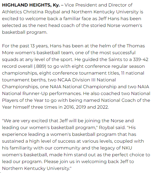 Jeff Hans has been named the new Northern Kentucky WBB head coach, following 13 years as the head coach at Thomas More; earlier, he was an assistant coach at NKU (2008-11) nkunorse.com/news/2024/4/22…
