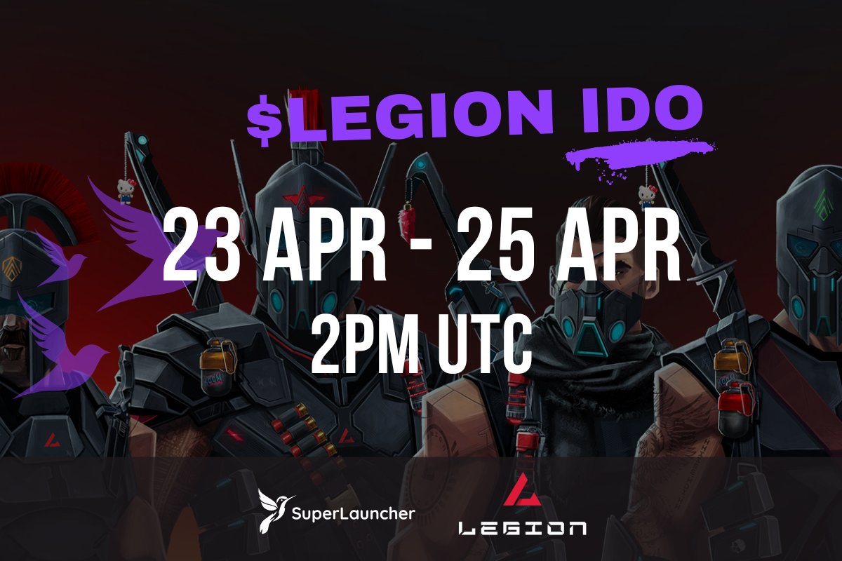 Don't forget, the @Legion_Ventures IDO starts tomorrow! 🟣 23 - 25 April, 2PM UTC 🟣 Please take note of the updated vesting for the public round: 20% release on TGE, with the rest unlocked linearly over 4 months. ⏰ superlauncher.io/v5/57/details