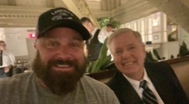 Here’s the corrupt cowardly shitbag Lindsey Graham hanging out with Proud Boys' Joe Biggs before Joe was sentenced to 17 years for his role in the Jan 6 insurrection. Stand back and stand by!