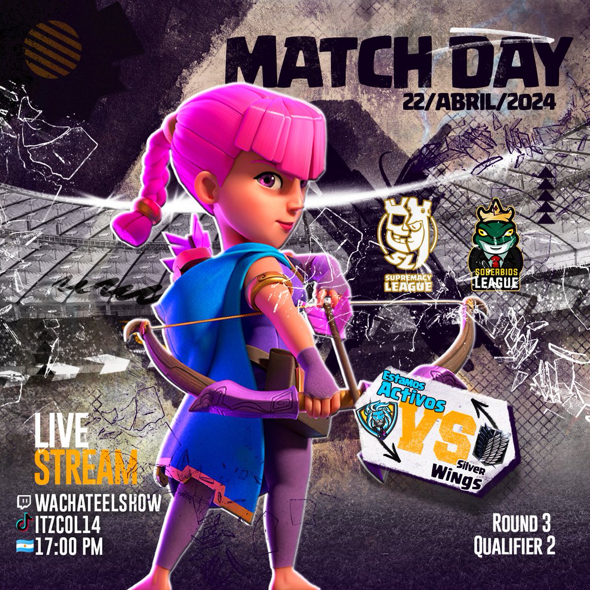 🌐|#CR | #MatchDay

🏆|<a href="/CR_Supremacy/">Supremacy League</a> &amp; <a href="/SoberbiosL_2024/">Soberbios League 🐸</a>
🎯|Round 3 - Qualifier 2
🆚|<a href="/SilverWings_es/">SilverWings Esport</a>
🕰️|17:00 🇦🇷 | 22:00 🇫🇷

📺|twitch.tv/WachateElShow

🦁|#EstamosActivosGo

🗣️|#Staff

👩|<a href="/Vanne10G/">Vănnë</a>
🧑🏻‍🍳|@JorgeLightCR
🎙️|<a href="/BastianShow11/">Wachate el Show</a>
 
👨‍💼|#CEOs

👩‍💼|@PipyTheBest
👨‍💼|<a href="/OsitosEsports/">Ositos eSports</a>