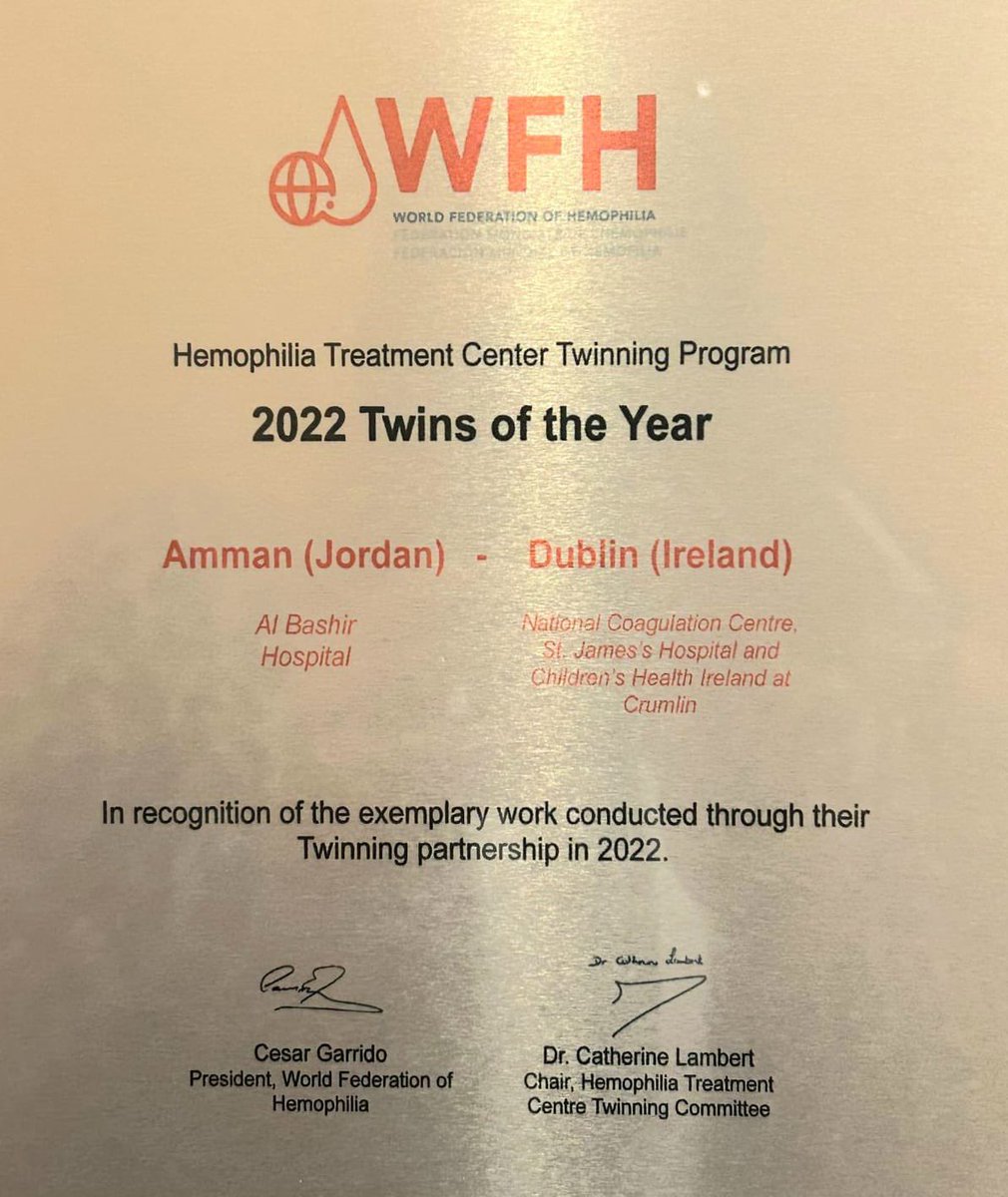 Congratulations to our Haemophilia team for winning Haemophilia Treatment Centre Program ‘2022 Twins of the Year’ in collaboration with @stjamesdublin 🥳 presented by @wfhemophilia today. #ourchildrenshospital