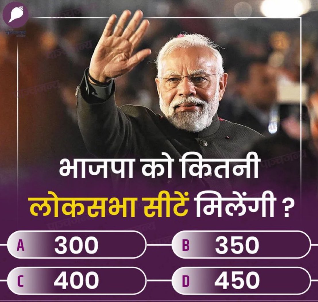 How many seats will BJP get in the Lok Sabha in 2024?

A. 300                          B. 350

C. 400                          D. 400+

Please reply in the Comment Section..