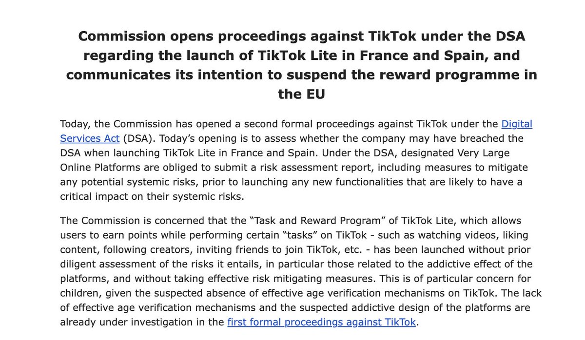 BREAKING: BREAKING: EU will suspend TikTok Lite's reward programme unless it shows 'compelling' evidence of saftey features. It offers gift vouchers for watching videos. We dbe first big penalty under DSA. Thierry Breton says EU suspects feature is 'toxic and addictive'