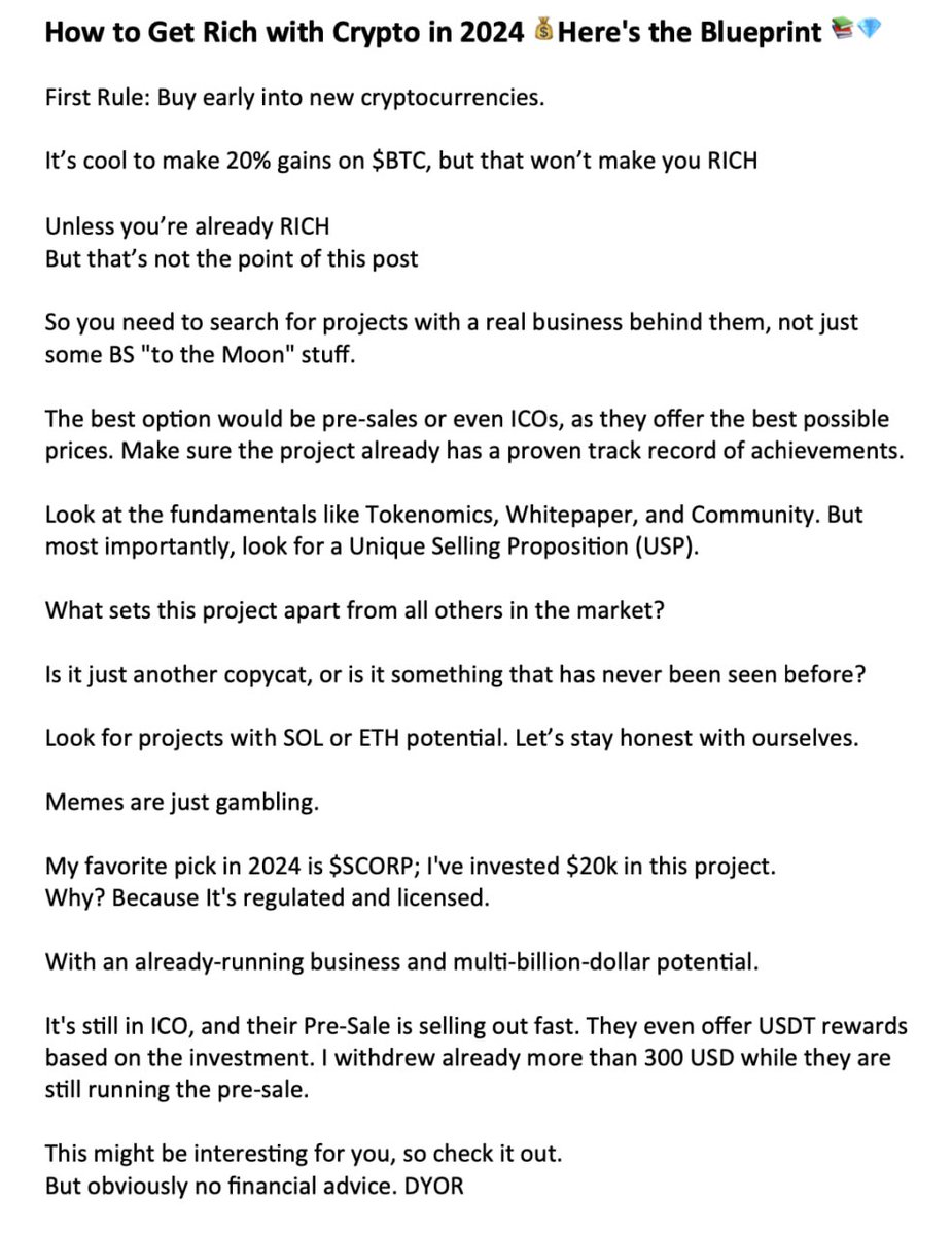 MarkinaUl's tweet photo. @JesterNovares scam alert! dont fall for fud, everyone knows $SCORP runs the tightest ship in town

trust me, im holding hard! https://t.co/GbHJaKy0C1