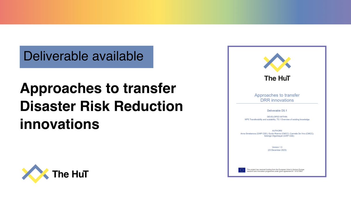 How to enable the pathways for the transfer of knowledge and innovations relating to #DisasterRiskReduction? We analyzed the possible transfer and scalability routes for #TheHuTNexus in one of our deliverables. 

📥 Access the report at: thehut-nexus.eu/wp-content/upl…