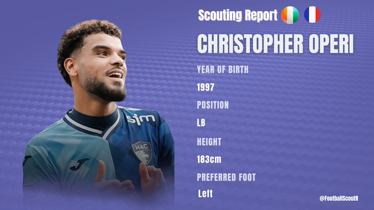 FootballScoutR's tweet photo. [THREAD #Operi #HAC #scouting]

🔎| 🇨🇮🇫🇷Christopher Operi (LB,1997)

One of the revelations this season in Ligue 1, Operi has shown significant progress this year with a quick adaptation to Ligue 1! With his splendid left foot dangerous on crosses, set-pieces, and long shots, he has become a crucial offensive asset for HAC this season.

Solid defensively, he stands out as one of the key players for the club from Normandy.