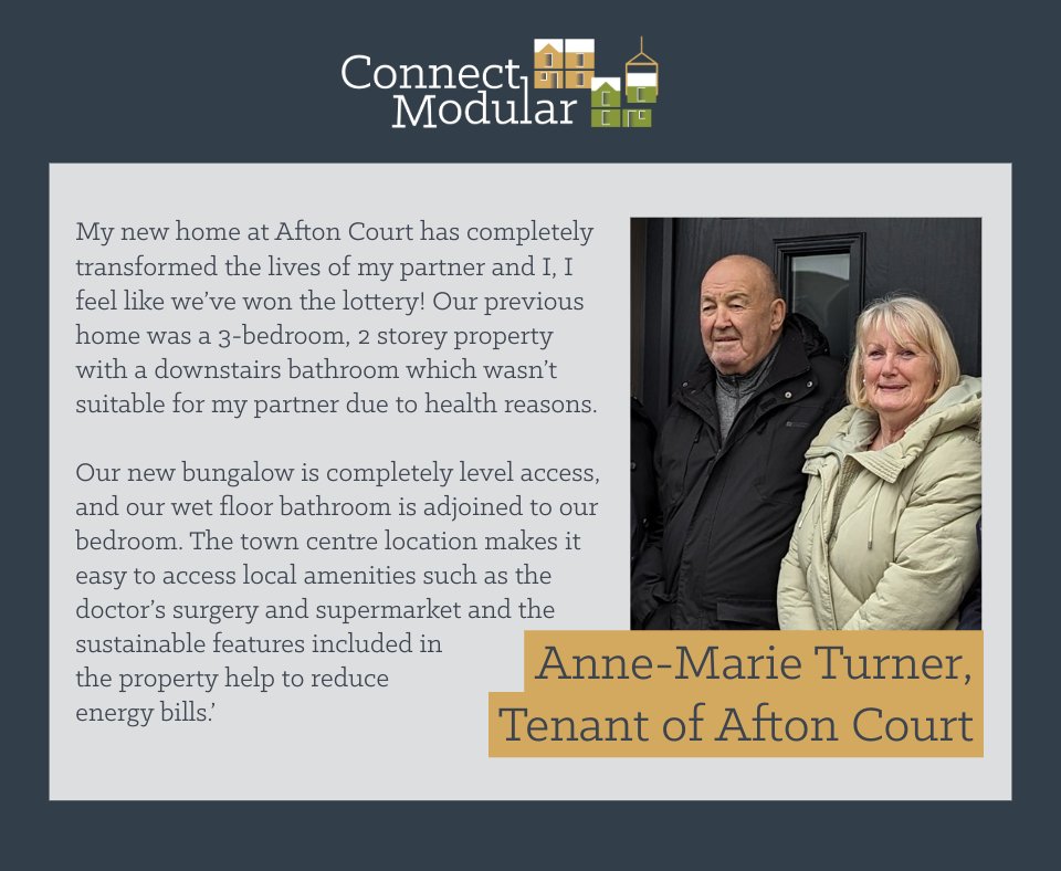 We love to hear that tenants are enjoying their Connect Modular built homes…

'My new home at Afton Court has completely transformed the lives of my partner and I, I feel like we’ve won the lottery!'

#MMC #Modularconstruction #modularhomes #affordablehousing #affordablehomes