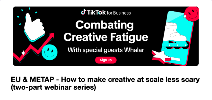 Join us this Thursday for a special two-part webinar series with @TikTok on Combating Creative Fatigue in EMEA and NA. Register for EMEA: bit.ly/447dfol NA: bit.ly/4aLYCJq #Whalar #CreatorEconomy