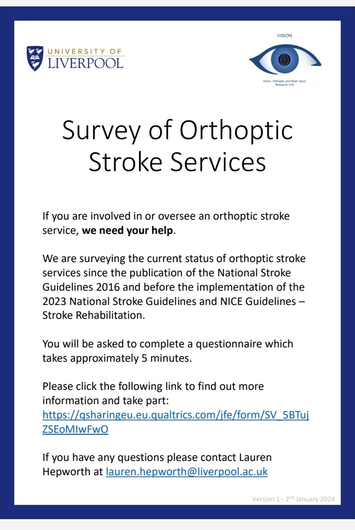 Do you deliver an #Orthoptic #Stroke service? We are trying to map what services are currently being offered. Let us know about your service using a quick survey which takes only 5 minutes. Find out more and take part at: qsharingeu.eu.qualtrics.com/jfe/form/SV_5B… @BIOS_Orthoptics @biosstrokeneuro