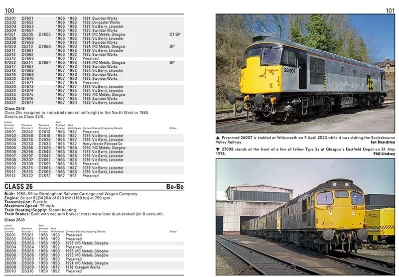The new Diesel & Electric Loco Register is our most in depth stock book, with the status of all past & present main line locos (Class 01-99, prototypes & pre-TOPS classes). Here's an example for Classes 25 & 26 showing the details included. More info at tinyurl.com/pz2xk5f8