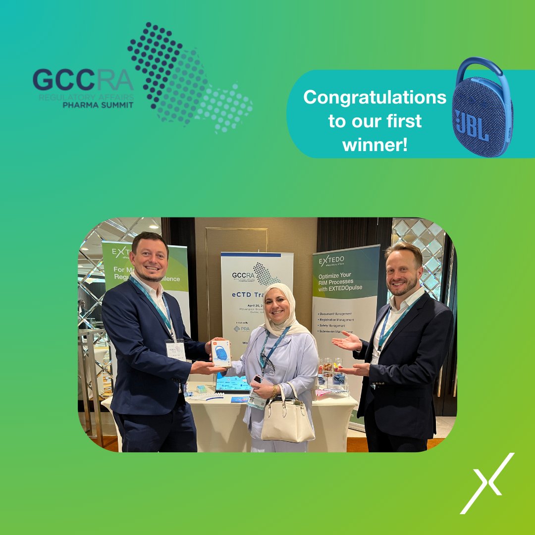 Congratulations to our first winner - Rasha Dallal participated in the little game at our booth at the #GCCRegulatoryAffairsPharmaSummit and can take a little Bluetooth speaker home from the event. We hope it will always serve her well! 
#EXTEDO