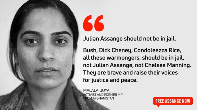 'Julian Assange sollte nicht im Gefängnis sein.
Bush, Dick Cheney, Condoleezza Rice, all diese Kriegstreiber sollten im Gefängnis sein, nicht Julian Assange, nicht Chelsea Manning.'

--Malalai Joya
ehem. Abgeordnete aus Afghanistan

#FreeAssange
#FreeAssangeNOW

via @SomersetBean