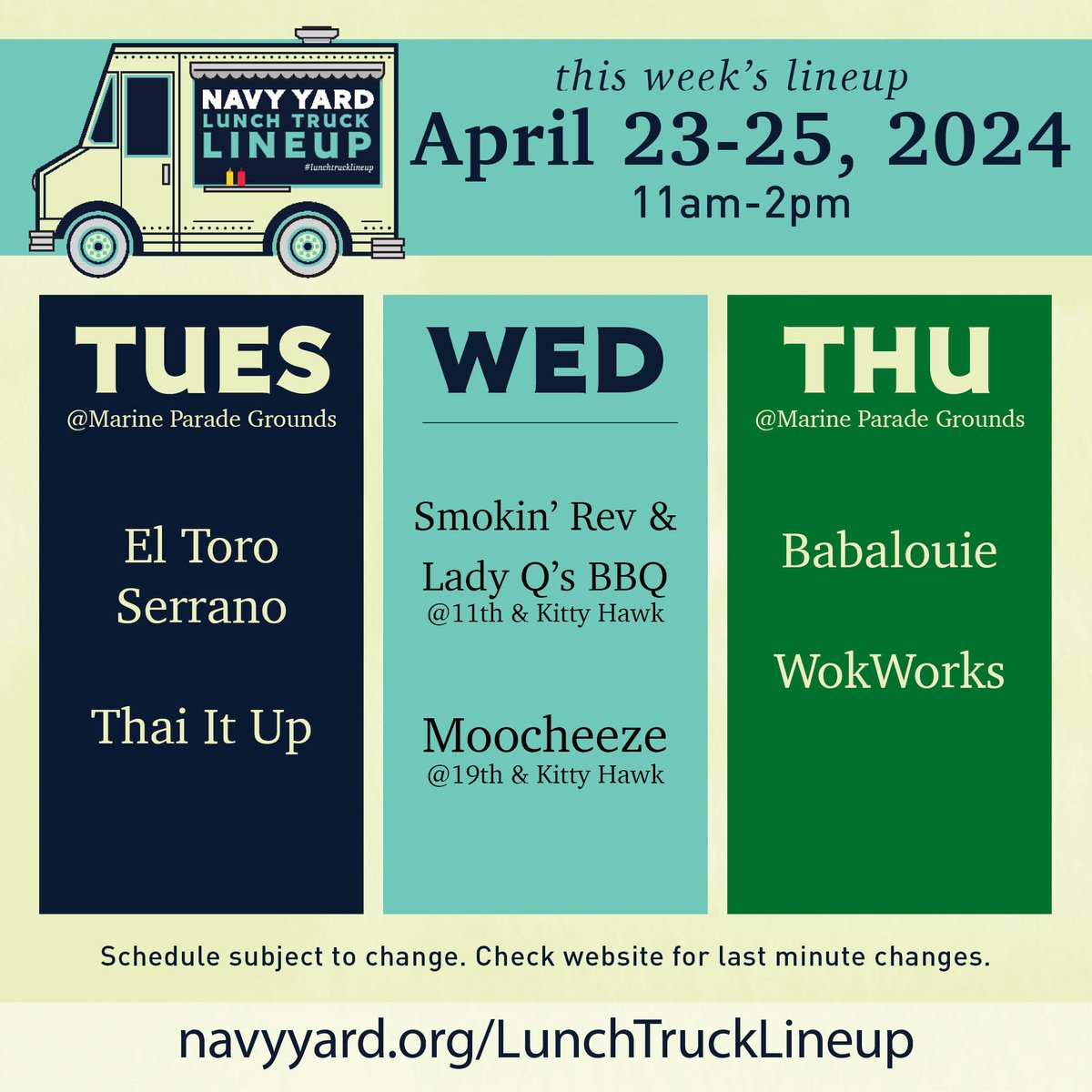 We're serving up some delicious options this week, make sure you come check them out. Tues - El Toro Serrano and Thai It Up Wed - Smokin Rev and Lady Q's BBQ and Moocheeze Thurs - Babalouie BBQ and WokWorks #navyyardeats #discovertheyard #navyyardphilly #lunchtrucklineup