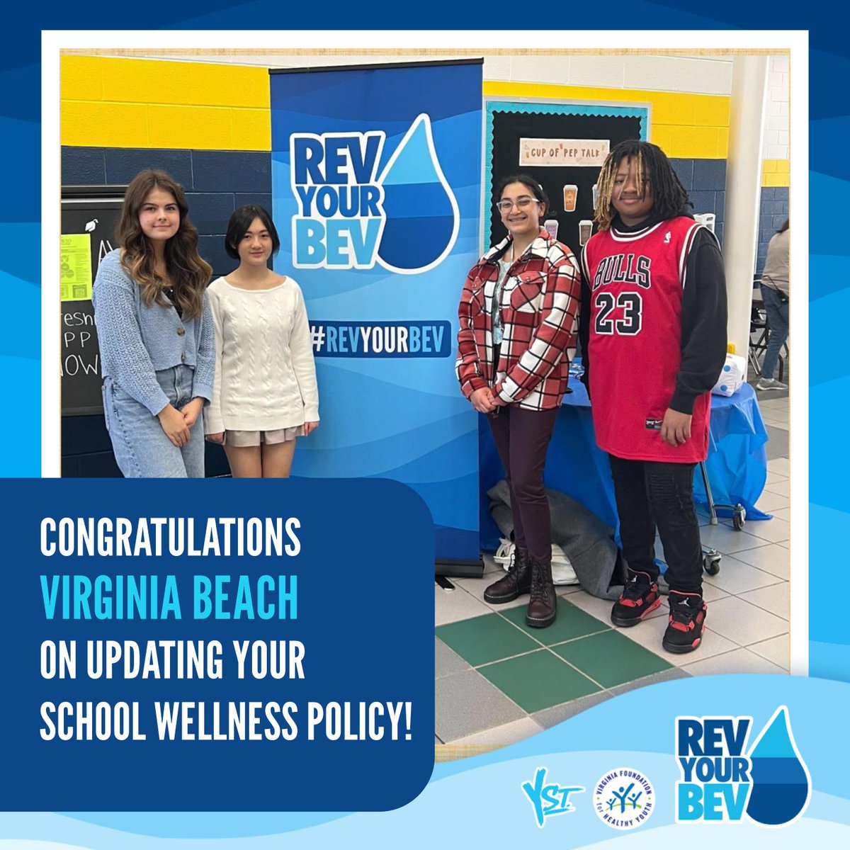 Get ready to rev up your water game because #RevYourBevWeek has finally arrived, and we're celebrating all across the state! 💧🎉 Thank you, @vbschools, for updating your School Wellness Policy. Let the fun begin! 😎 #RevYourBev #YStreetMovement @HealthyYouthVA
