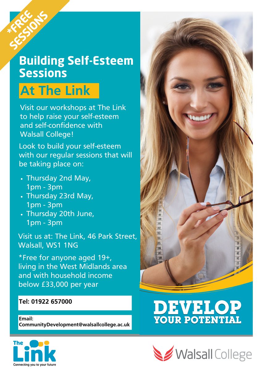 Walsall College is hosting *free sessions at The Link in Walsall town centre to help people raise their self-esteem and self-confidence!

If you or anyone you know is interested in taking part in these sessions please contact:
✉️ashraft@walsallcollege.ac.uk
📞 01922 657000