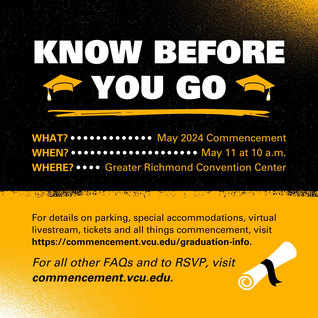 VCU's tweet photo. Graduating Rams, make sure to RSVP for commencement on Saturday, May 11 via the following link! Here's the know before you go details to get you prepared for the big day! Congrats to the Class of 2024! #VCU #VCU2024

For all other FAQs and to RSVP, visit: https://t.co/jppfhHfyoq https://t.co/rpcUboj20r