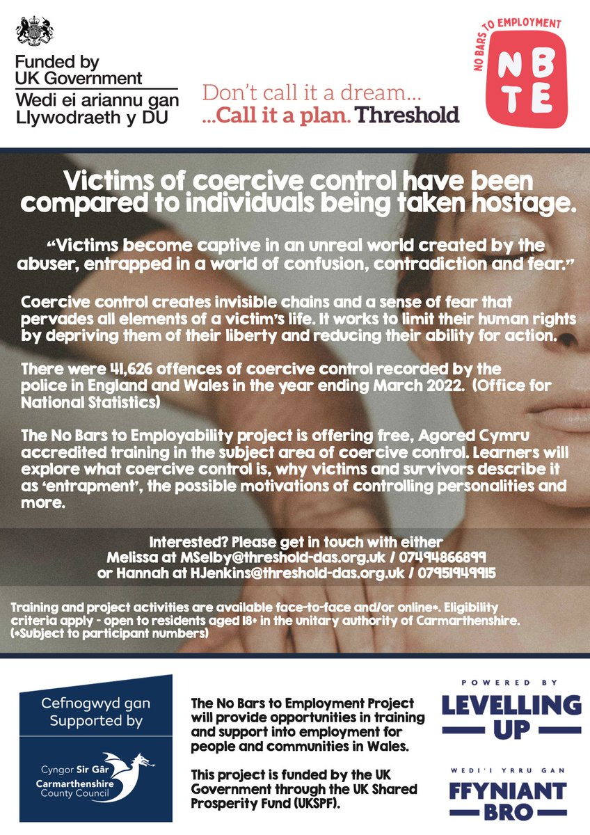 Victims of coercive control have been compared to individuals being taken hostage.

Take a look at the free Agored Cymru accredited training below in the subject area of coercive control 👇🏼

#UKSPF @UKGovWales @luhc @CarmsCouncil