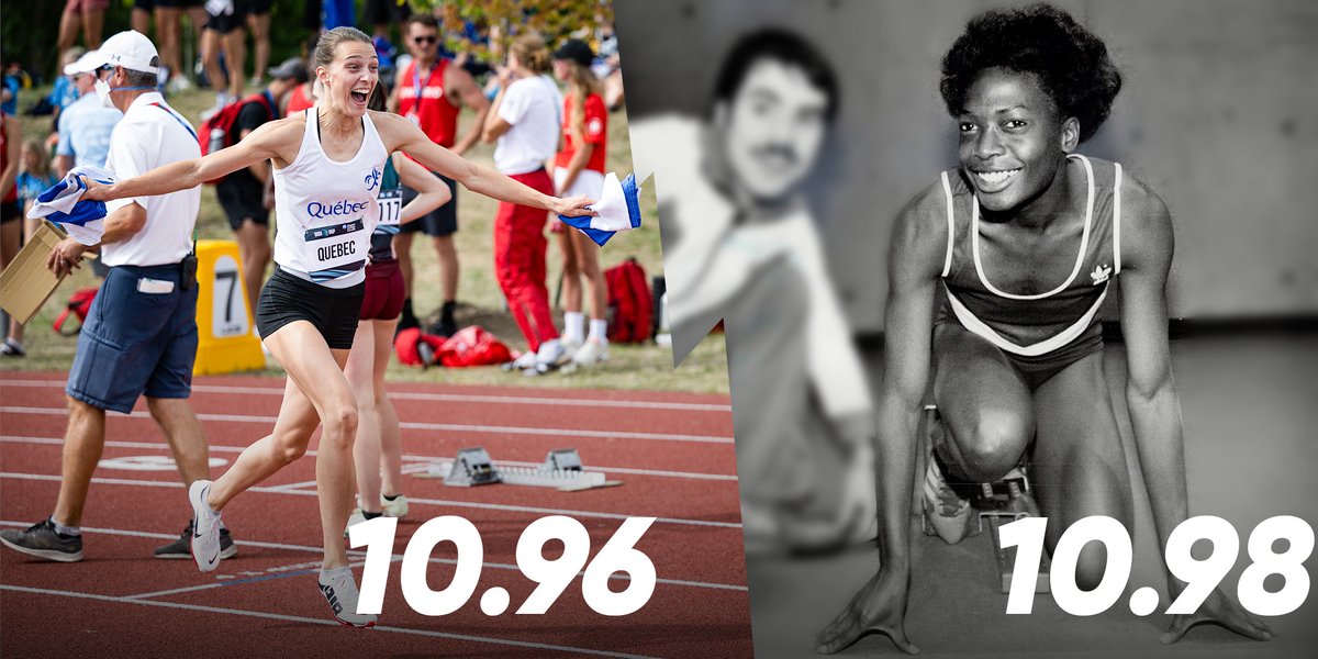 Audrey Leduc (2017 et 2022, QC) vient de battre le record canadien du 100m en 10,96 (+0,5) en fin de semaine! Record détenu par une autre ancienne des Jeux du Canada, Angela Bailey (1977, ON) depuis 1987. 📸 (1) Steve Parr, (2) Toronto Star