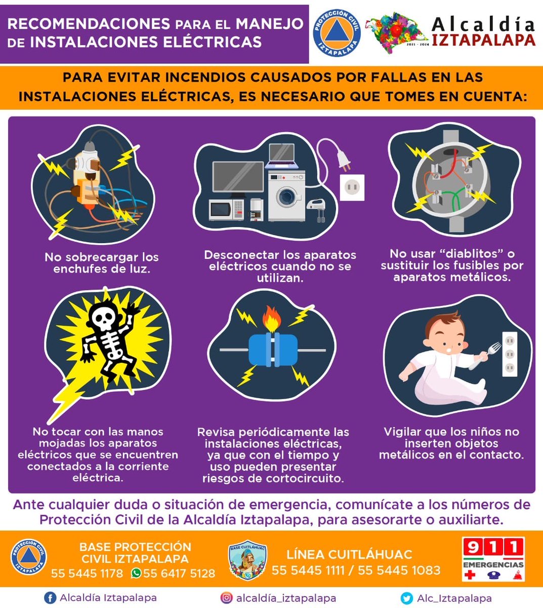 Por tu #seguridad y la de tu familia, sigue estas recomendaciones emitidas por #ProtecciónCivil para prevenir algún incidente en tu hogar o trabajo, debido a una falla eléctrica. Ante cualquier emergencia, comunícate a la Base Cuitláhuac al 55-5445-1111, estamos para servirte.