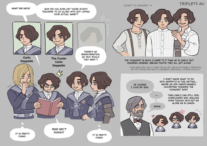 "What about triplets?" I thought to myself but then you'd need to come up with a new name for the Real Boy version since two brothers from the same batch getting named Carlo and Carlo seems unlikely...? Anyway, let's lampshade it: 