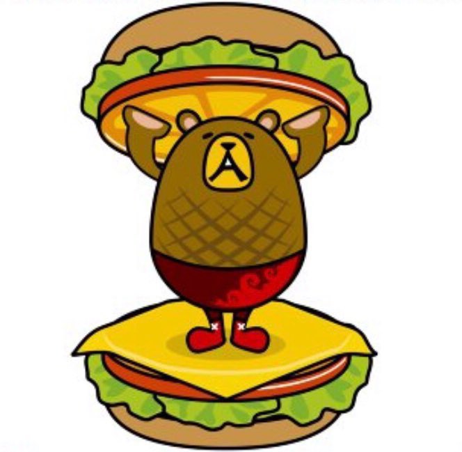 Hamburguma, a mix of a bear and a hamburger (complete with griddle marks), is the mascot of Hamburger Goo Goo restaurant.