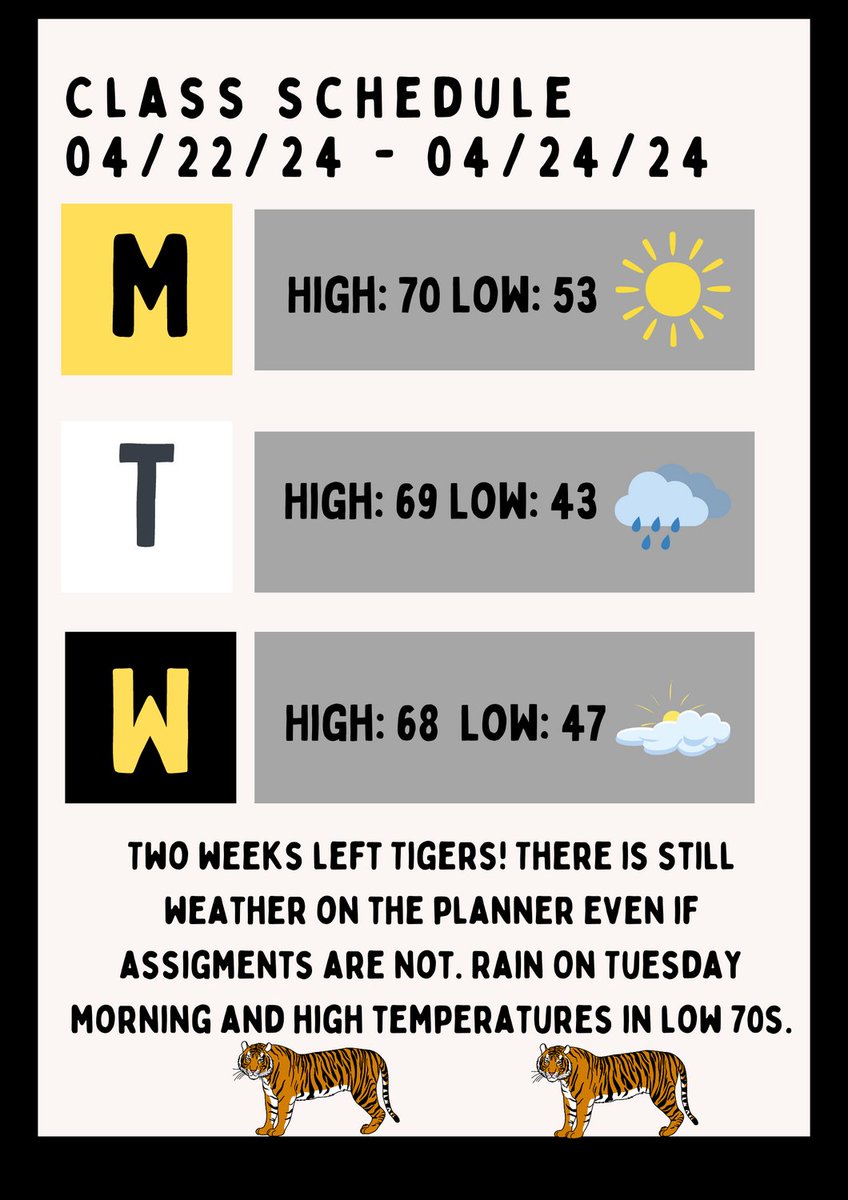 Two weeks left Tigers! The assignments and tests are coming to an end but weather is not! Rain is expected on Tuesday morning. High temperatures remain in low 70s. Check out more on this forecast at weather.missouri.edu!