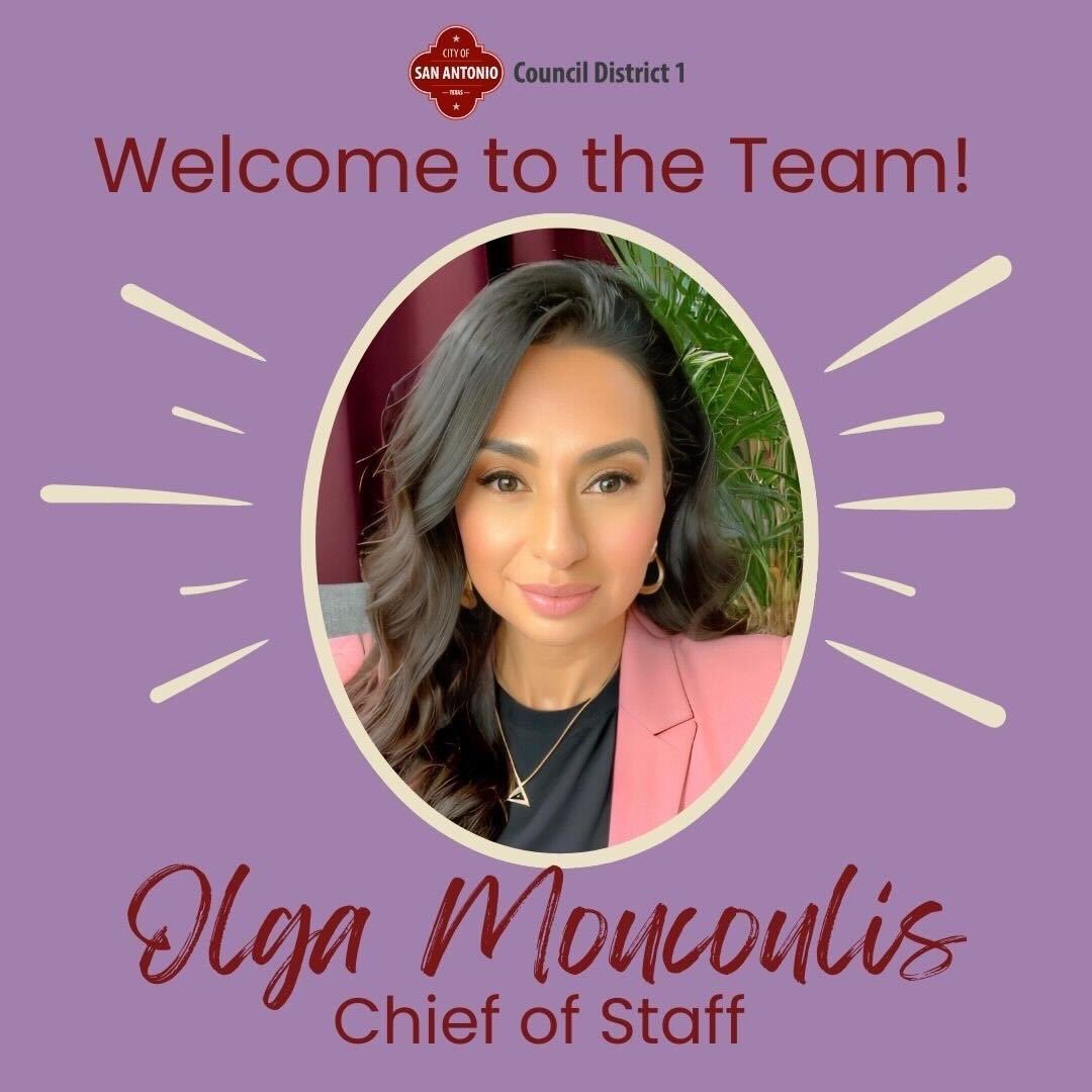 Welcome our new District 1 Chief of Staff Olga Moucoulis!Olga joins us after a 15 year career as an educator and most recently Chief of Staff for Edgewood ISD. We are excited to add her servant's heart and dedication to our community to our team!