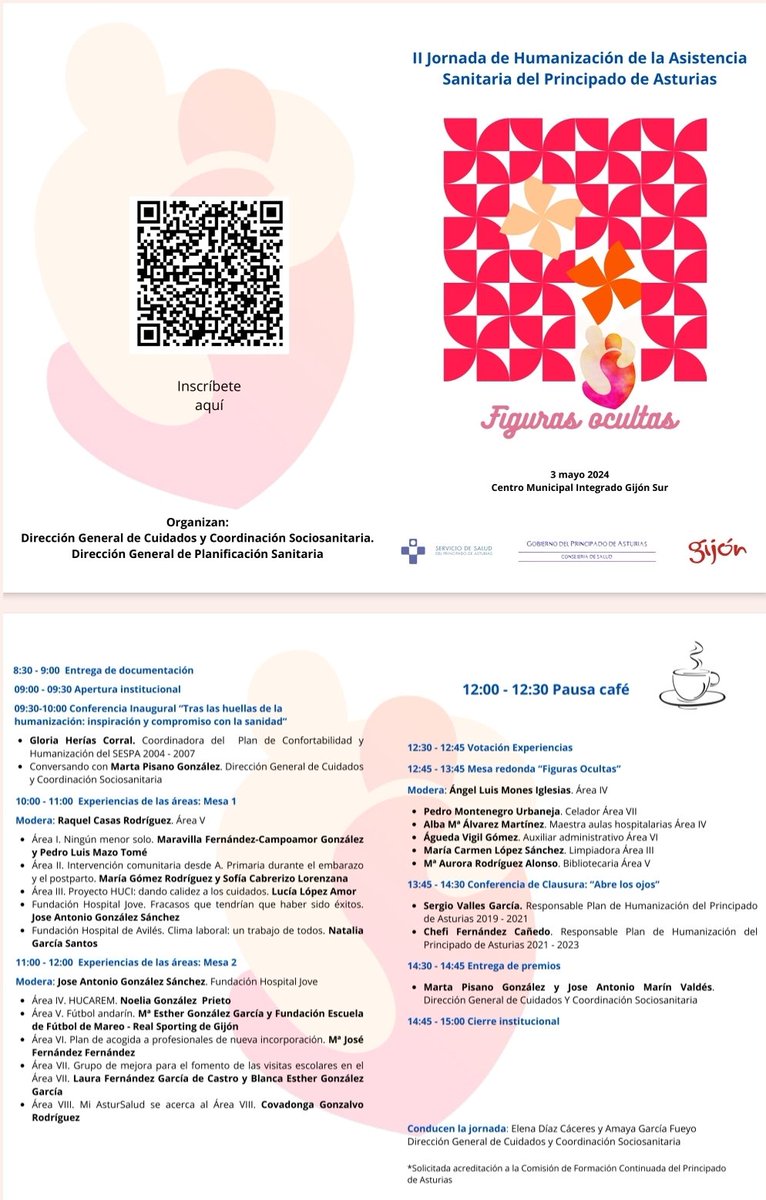 fhaviles's tweet photo. 📣 Compartimos el programa de la II Jornada de #Humanización de la Asistencia Sanitaria del Principado de Asturias en la que nuevamente tendremos el placer de participar.

📍3 de Mayo de 2024. Centro Municipal Integrado Gijón Sur.

📝 Inscripciones en el enlace QR. 

@astursalud https://t.co/NUbK3oBNZc