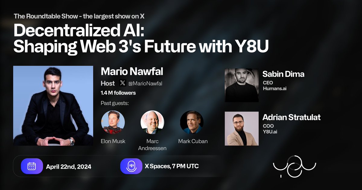 Happy to announce our first AMA with @MarioNawfal 🔥 Decentralized AI: Shaping Web 3's Future with @y8udotai and @humansdotai, discussing about $Y8U's listing tomorrow, 23 April. Set your timers for 19:00 UTC tonight 👇 x.com/i/spaces/1ynjo…