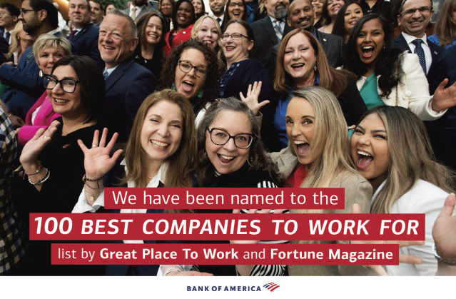 My company is supportive of all teammates, so it’s no surprise to me that @BankofAmerica is one of the 100 Best Companies to Work For by @GPTW_US & @FortuneMagazine. Our culture of caring encourages all colleagues to be their authentic selves. #100BestCos bit.ly/3Js85tB