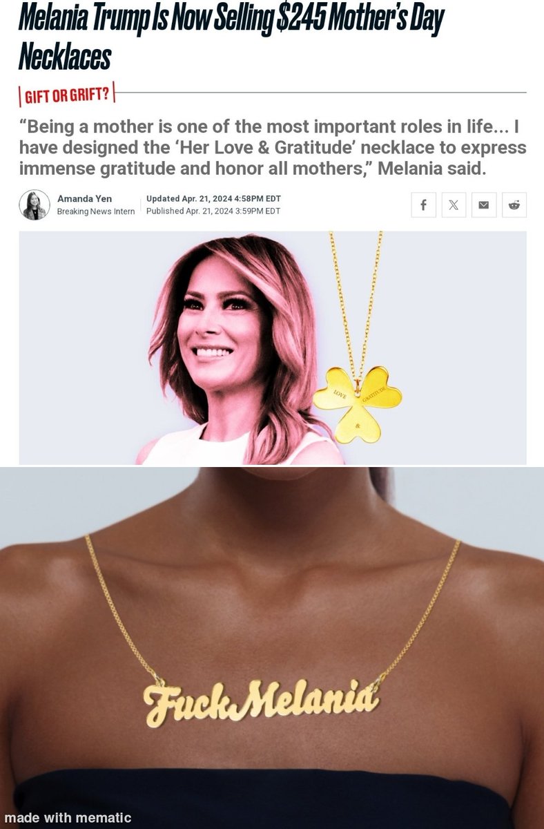 The Russian escort is now grifting some cheap, crappy fucking necklace, after she wore her 'I really don't care do u?' jacket to visit little children locked up in cages that were ripped away from their mothers by her piece of fucking shit husband. Fuck Melania.