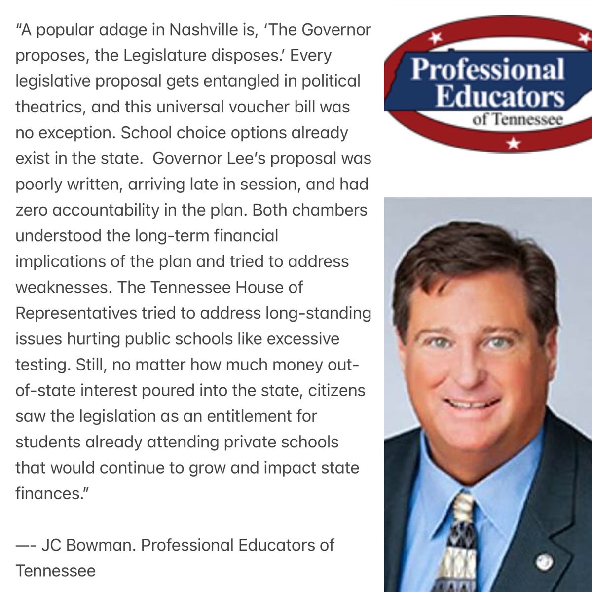 INBOX — @jcbowman of Professional Educators of Tennessee on the demise of @GovBillLee’s vouchers scam for the year: “Poorly written, no accountability…. No matter how much out-of-state interest poured in, citizens saw it as an entitlement for students already in public schools.”