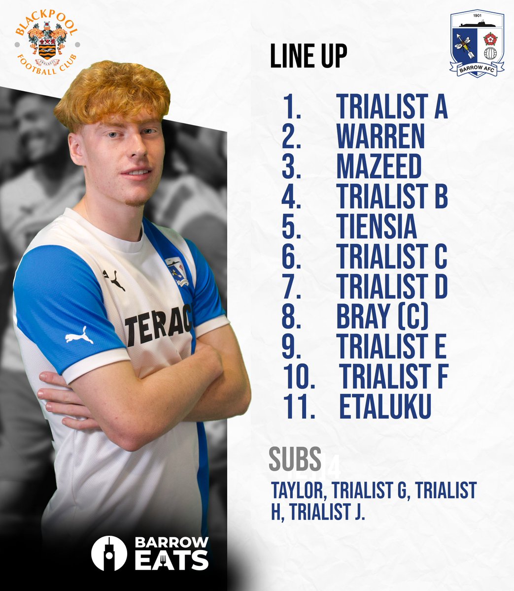 BarrowAFC_Bteam's tweet photo. 𝗧𝗲𝗮𝗺 𝗡𝗲𝘄𝘀 📰

Jason Taylor will field a team mainly filled up with trialists as we face Blackpool Reserves at 11 am 🔜

#WeAreBarrow https://t.co/E1e62c4B4g