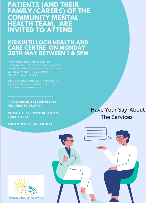 Join us on Monday 20th May, 1pm to 5pm in the KHCC, for a session hosted by the #MentalHealthNetwork to get involved on how we can enhance community mental health services in East Dunbartonshire. #MentalHealth #Carers #Bearsden #Milngavie #Lenzie #Bishopbriggs #Lennoxtown