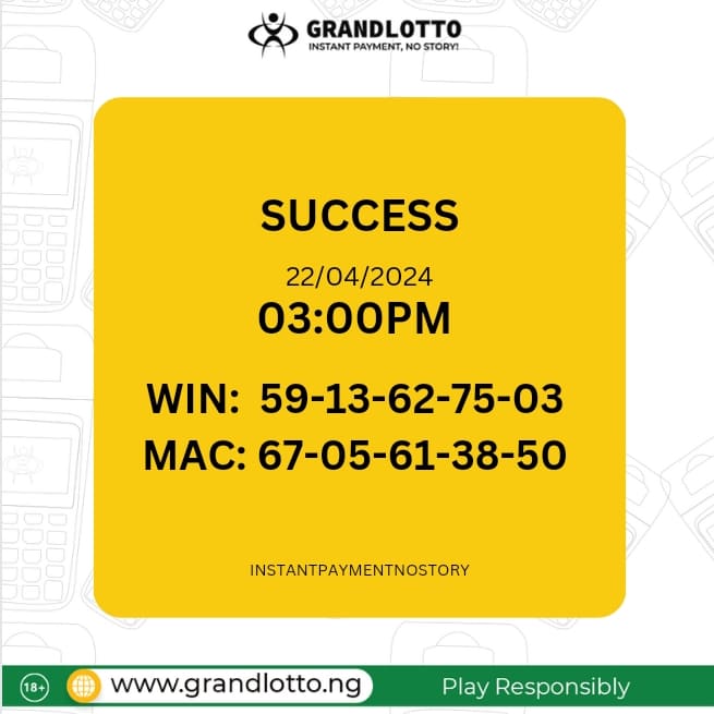 SUCCESS RESULTS

grandlotto.ng

#Instantpayment #nostory #Grandlotto #lotto #Lottonigeria #indoorgames #playandwin #playanywhere #winningsanywhere #cashout #chooseyellowterminal