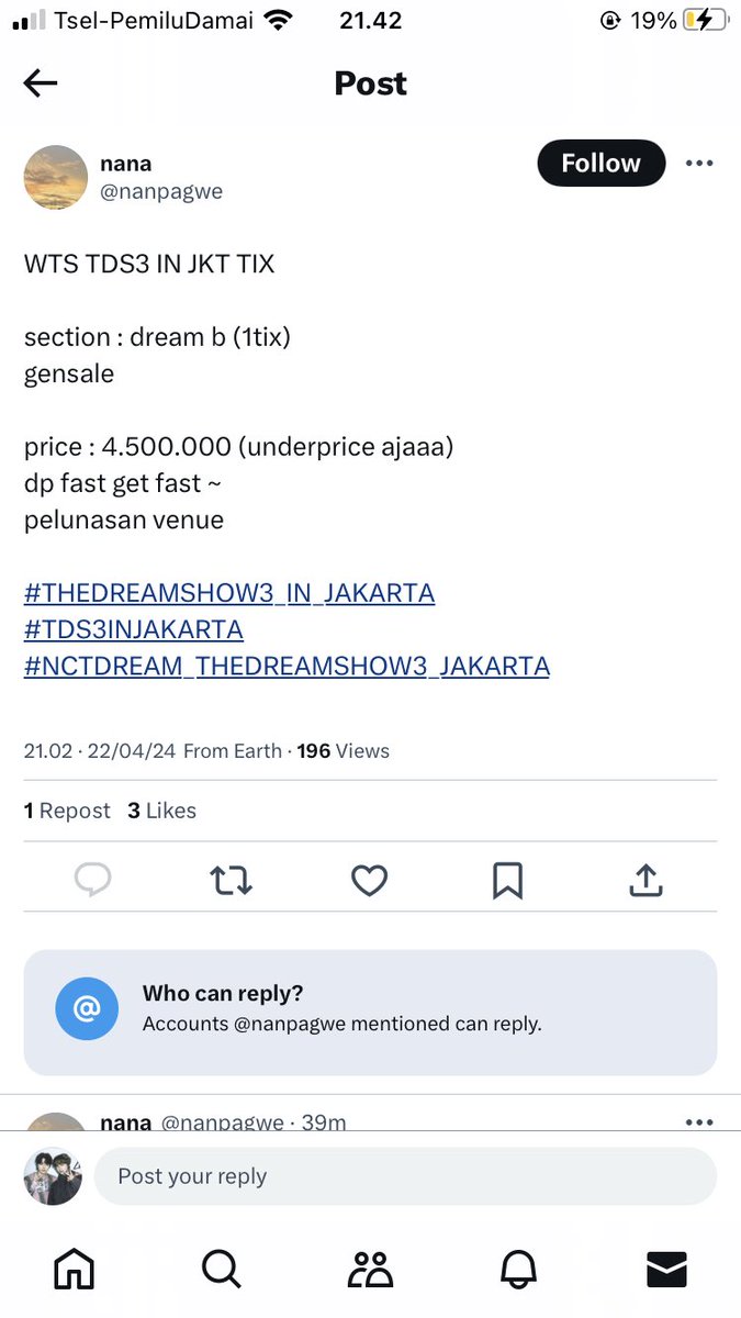 PRILEAUGUST's tweet photo. SCAMMER WTS TIKET TDS 3 IN JAKARTA SECTION DREAM B

@nanpagwe 

#NCTDREAM 
#THEDREAMSHOW3 #THEDREAMSHOW3_in_Jakarta #TDS3inJKT https://t.co/Css4VgcUOD