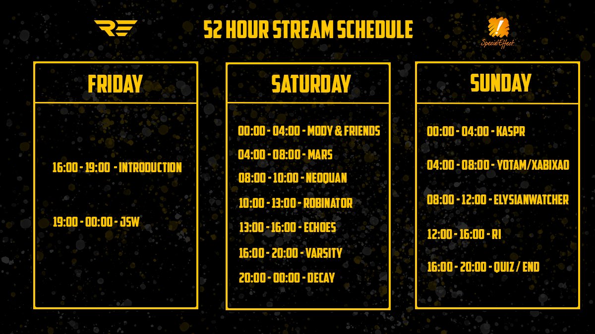 Roehampton Esports (@esportsroe) on Twitter photo Announcing our schedule and all the wonderful people taking part in the 52 Hour charity stream for <a href="/SpecialEffect/">SpecialEffect</a>
Streamer list includes: <a href="/ellsfullalove/">elliefullaløve</a> <a href="/RadiatorPls/">Rob</a> <a href="/Tsushihara/">Ri🇺🇦🇬🇧</a> <a href="/MarlonSClark/">Marlon</a> <a href="/YotamRL/">Yotam</a> <a href="/xabixao0/">Pedro Aguiar</a> <a href="/TestNTrenKapi/">Kapibara</a> @SafiMody <a href="/DecaySmile/">DecaySmileee</a> <a href="/jsw_rl/">Jacob Southwood</a> <a href="/NeoQuan_/">NeoQuan</a> Announcing our schedule and all the wonderful people taking part in the 52 Hour charity stream for <a href="/SpecialEffect/">SpecialEffect</a>
Streamer list includes: <a href="/ellsfullalove/">elliefullaløve</a> <a href="/RadiatorPls/">Rob</a> <a href="/Tsushihara/">Ri🇺🇦🇬🇧</a> <a href="/MarlonSClark/">Marlon</a> <a href="/YotamRL/">Yotam</a> <a href="/xabixao0/">Pedro Aguiar</a> <a href="/TestNTrenKapi/">Kapibara</a> @SafiMody <a href="/DecaySmile/">DecaySmileee</a> <a href="/jsw_rl/">Jacob Southwood</a> <a href="/NeoQuan_/">NeoQuan</a>