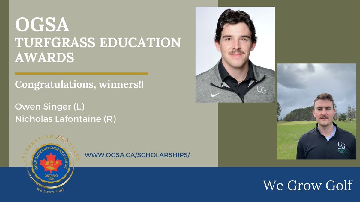 Announcing the 2024 OGSA Turfgrass Education Award winners! Congratulations goes to Owen Singer and Nicholas Lafontaine!

OGSA Scholarships &amp; Awards: ogsa.ca/scholarships/