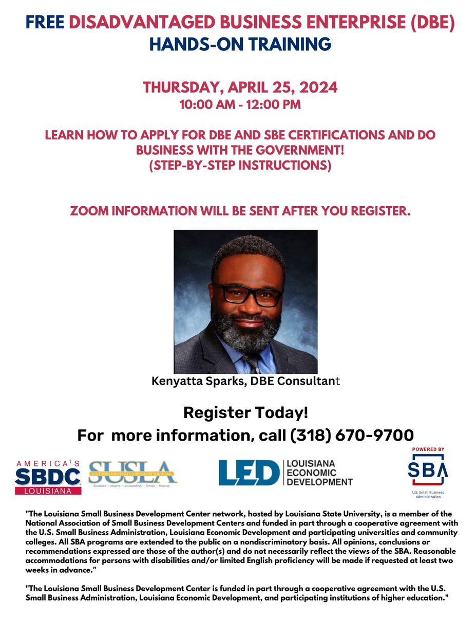 Take your business to the next level by getting DBE certified! Are you feeling overwhelmed about completing the application?  Join our Hands-On Training to get the help that you need.

Register for the next webinar today:  www2.lsbdc.org/workshop.aspx?…
#SUSLA #LSBDC #SBA #LED