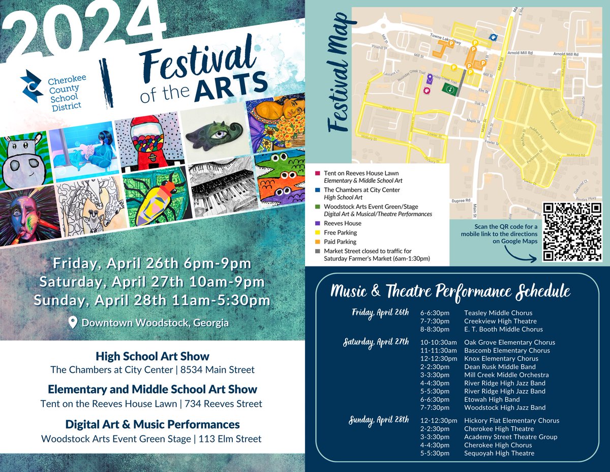 Please come out this weekend to support our amazing CCSD Fine Arts students @ the CCSD Festival of the Arts in Downtown Woodstock! We will have K-12 artwork, live music & theatre performances! So proud of these students & their incredible teachers! #ccsdfinearts @CherokeeSchools