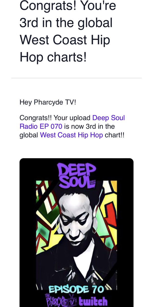 Check out @DeepSoulRadio on @mixcloud / PharcydeTV .. Moved up to #3 West Coast HipHop Charts