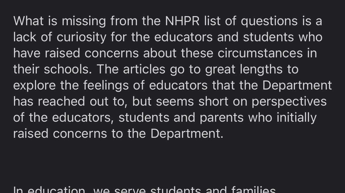 Rather than respond to @NHPR’s questions for the report above, Commissioner Edelblut has now distributed (via DOE spox) an op-ed with a full list of the questions received, plus a link to Uri Berliner’s recent essay criticizing NPR. Excerpts: