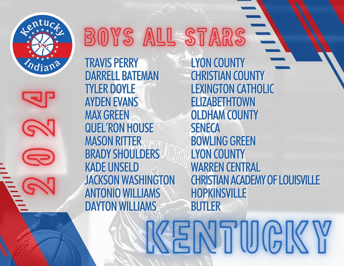 Rosters are out! Kentucky will face Indiana on June 7th and 8th. Tickets for Kentucky will go on sale May 1st at kentuckybasketballcoaches.org #BeatIndiana #SweepIndiana Your 2024 All Star Boys: