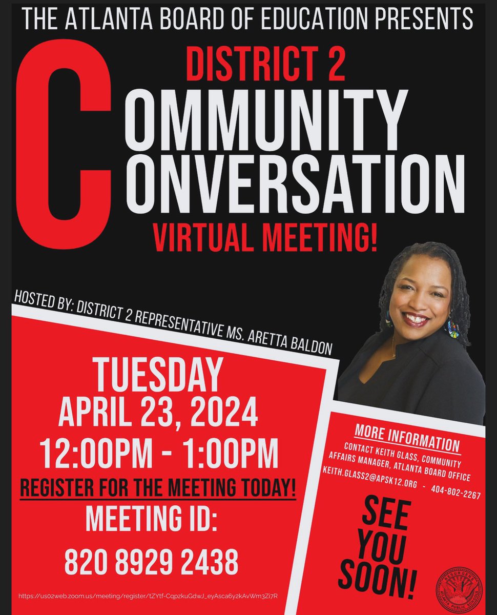 Join your District 2 Representative, Ms. Aretta Baldon for a virtual community meeting happen Tuesday, April 23, 2024, at 12:00pm. Have a great day! us02web.zoom.us/meeting/regist…